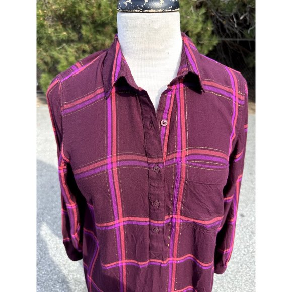 Old Navy Womens Medium Burgundy Dress Plaid Long Sleeve Tunic  Buttons Gold - Picture 4 of 10